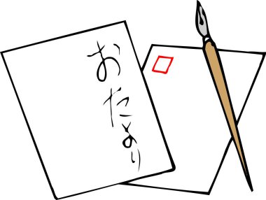 Japonca metni ve kaligrafi fırçası olan iki sayfanın basit çizimi.