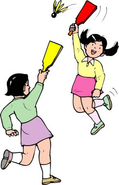 İki kız renkli raketlerle badminton oynuyor.