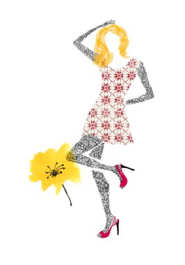 Tarzlı bir kadın figürü desenli bir elbise giyer ve sarı bir çiçeğin yanında pembe topuklu ayakkabı giyer..