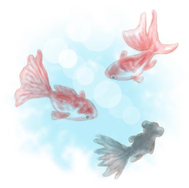 Mavi sudaki balıkların suluboya çizimi 