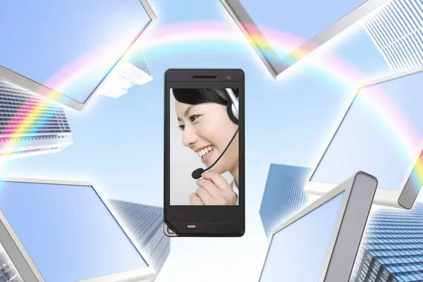Technologie Und Kommunikationskonzept Hintergrund Des Handy Bildschirms Mit Schönen Asiatischen — Stockfoto