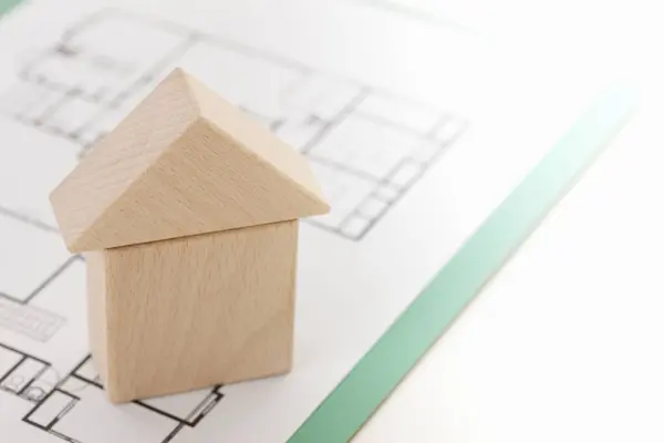 Planos Con Modelo Casa Inversión Concepto Hipotecario — Foto de Stock