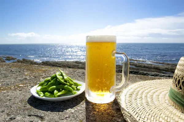 Deniz Kenarında Yeşil Bezelye Hasır Şapkalı Bira — Stok fotoğraf