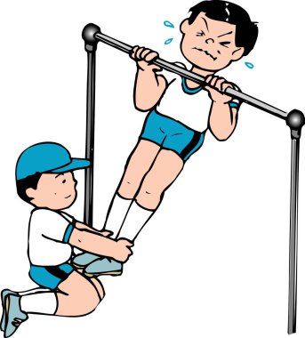 Çocuk başka bir çocuğa barfiks egzersizi yaptırıyor.