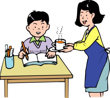 Ödev yapan bir çocuğun resmi. Beyaz anne ona çay getiriyor. 