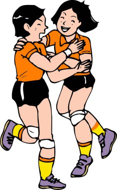 İki bayan sporcunun coşkuyla kucaklaşmasının ve kutlamasının enerjik bir örneği..