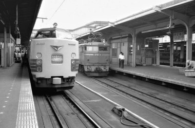 Tren istasyonunda iki tren, siyah ve beyaz. 