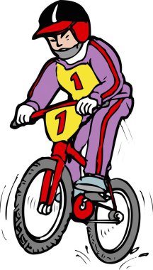 Çizgi filmci çocuk beyaz arka planda bisiklet sürüyor.