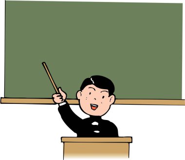 Bir öğretmenin elini tutup boş tahtayı işaret ettiği bir karikatür çizimi.