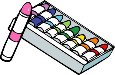 Açık boya kalemleriyle dolu bir kutunun ayrıntılı çizimi ve yanında da pembe bir boya kalemi..