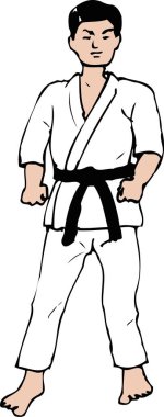 Asyalı adam karate yapıyor, beyaz arka planda karikatür çizimi.
