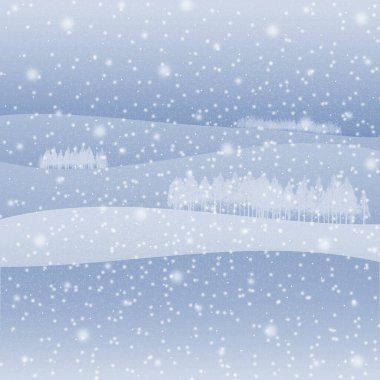 Kar taneleri ve ağaç siluetleriyle Noel arkaplanı