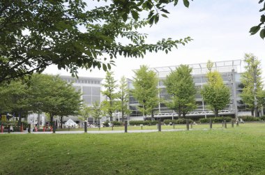 Yeşil ağaçlar ve çimlerle çevrili modern cam bina.