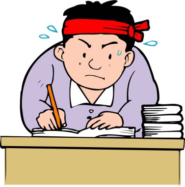 Çizgi filmdeki bir çocuk çizim masasında ev işi yapıyor. 