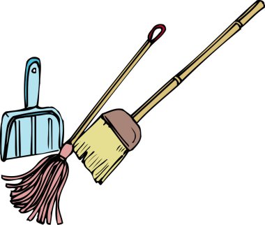 Temizlik için bir faraş, süpürge ve paspas çizimi.