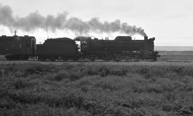 Ağır demiryolu ulaşımı. Güçlü lokomotif trenini güneşli bir Japon şehrinden geçirir..
