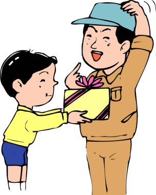 Gülümseyen çocuk hediye paketi veriyor.