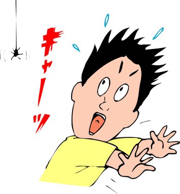 Çizgi filmci çocuk beyaz arka plandaki örümcekten korkuyor. 