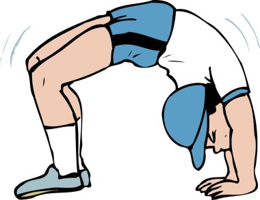 Çizgi film çizimi, spor elbiseli bir çocuğun köprü ya da jimnastik egzersizi yapmasını gösteriyor..