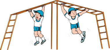 Çizgi filmlerde spor üniformalı iki çocuğun oyun parkındaki maymun barlarında oynamaları anlatılıyor..