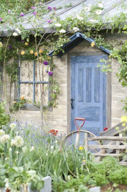 Bahçesinde çiçekler ve mavi kapılı eski bir ev.