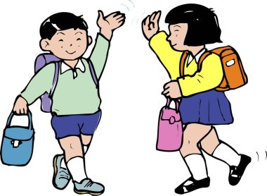 Gülümseyen çocuklar okul çantalarını taşırken el sallıyorlar