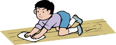 Havluyla yerleri yıkayan bir çocuğun çizgi film çizimi.