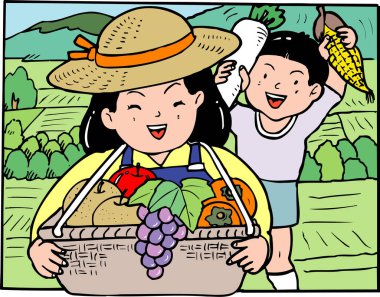 Gülümseyen çocuklar taze meyve ve sebze taşıyorlar.