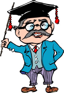 Karikatür çizimi, yaşlı, dost canlısı bir profesörün havan topu taktığı ve elinde bir işaret tuttuğu..