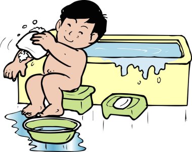 Küvette köpüklü bir çocuk çizgi filmi.