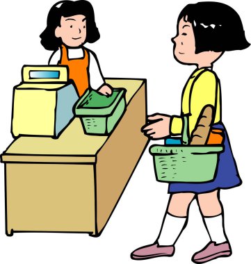 Bir kız elinde bir sepet mal tutuyor.