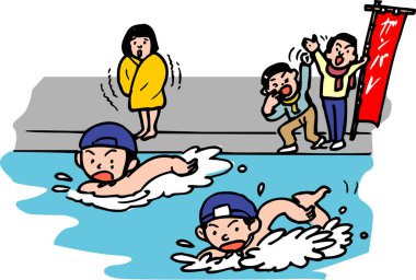 İnsanlar izlerken iki çocuk havuzda yüzüyor.