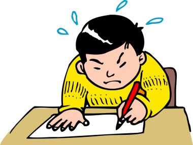 Çizgi film çizimi, okul çocuğunun düşünceli bir şekilde ne yazacağını düşünmesi..