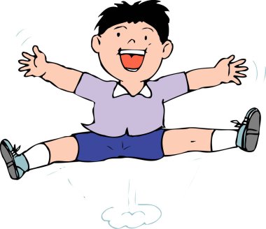 Mutlu bir çocuğun zıplamasının ve gülümsemesinin çizgi film çizimi..