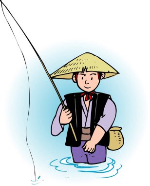 Çizgi filmdeki adam oltayla balık tutuyor.