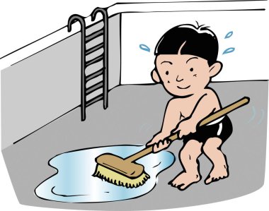 Havuz kenarında sırıtan genç bir çocuk.