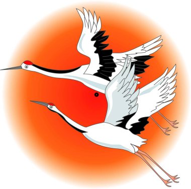 Canlı turuncu bir güneşe karşı uçan iki zarif turnanın yaratıcı çizimi.