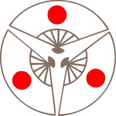 Üç kırmızı nokta ve geometrik desenli dairesel bir sembolün soyut bir çizimi.