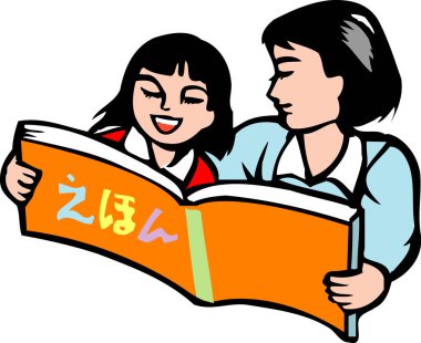 Japon resimli kitap okuyan genç bir kızla bir kadının karikatür çizimi..