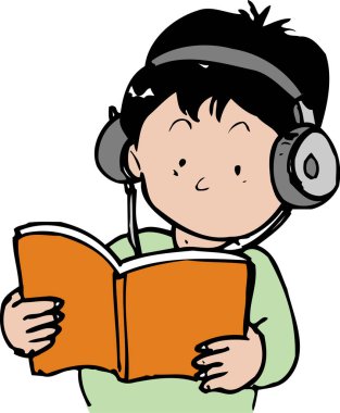 Kulaklıklı çocuk kitap okuyor. 