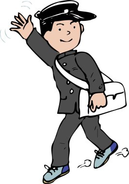 Unifoim 'deki erkek postacı, beyaz arka planda izole edilmiş renkli bir illüstrasyon.