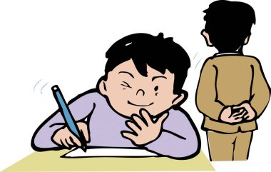 Okulda ve öğretmende masa başında okuyan bir çocuk. 