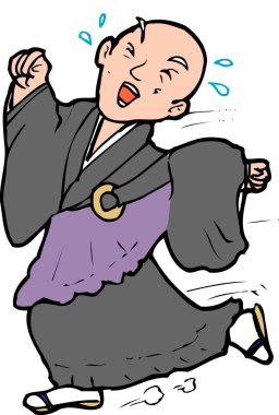 Paniklemiş ya da acele eden Japon Budist rahibin çizgi film çizimi..