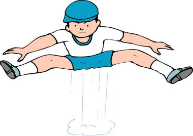 Çizgi filmlerde, spor üniformalı bir çocuğun yüksek yıldız atlayışı egzersizi yaptığı görülüyor..