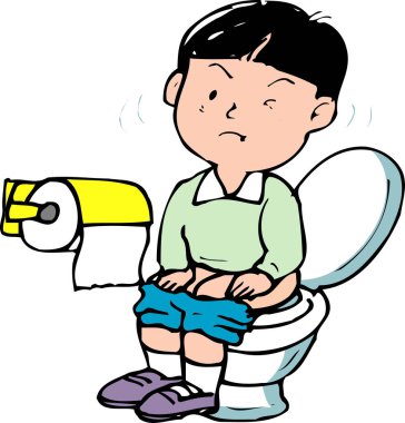 Tuvalette oturan çizgi film çocuğunun resmi.