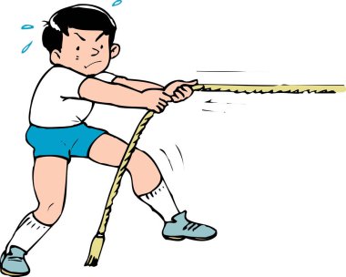 Beden eğitimi üniformalı, çekiçle oynayan kararlı bir gencin karikatür çizimi..