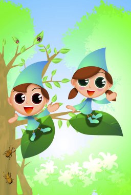 Yaprakların üzerinde oturan iki neşeli adam.