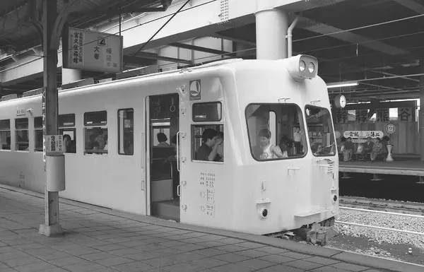 Yolcu treniyle kamu istasyonunun siyah beyaz fotoğrafı 