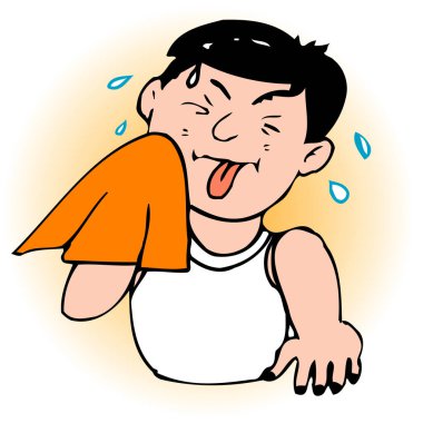 Aşırı terleyen, yüzünü havluyla silen bir adamın resmi..