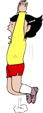 Beyaz arka planda izole edilmiş bir şekilde havaya atlayan çizgi film kızı. 